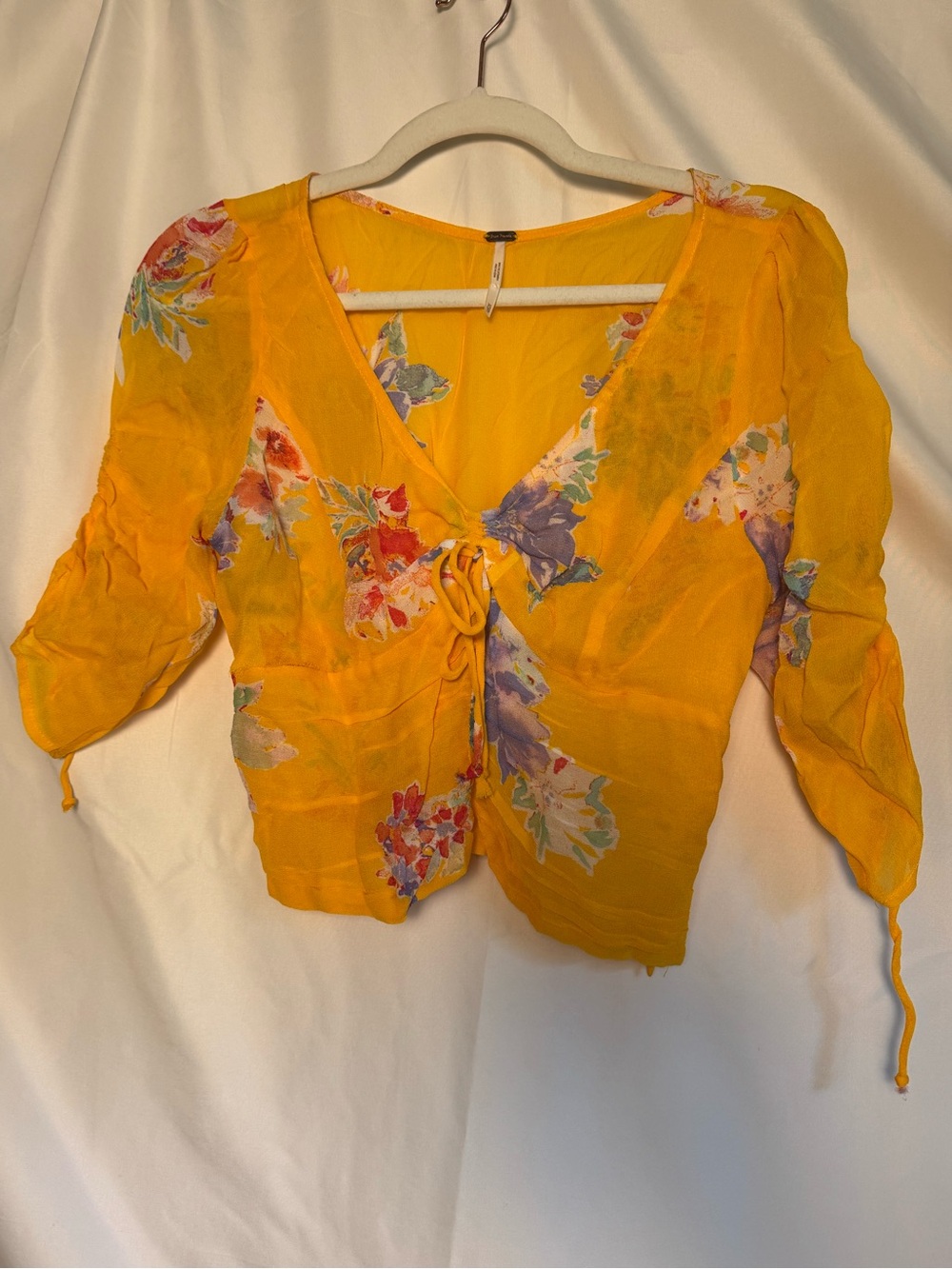NWOT Free People Mustard Yellow Floral Tie-Front Women's Crop Top Babydoll Style